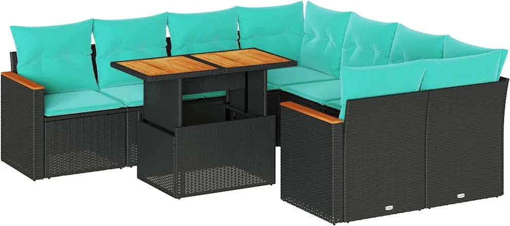 vidaXL 9 részes fekete polyrattan kerti ülőgarnitúra párnákkal