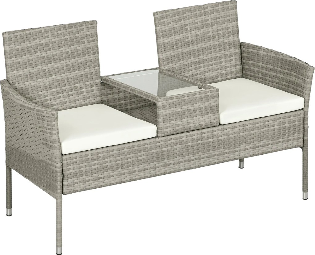 Outsunny 2 személyes kültéri pad középső kávézóasztallal, acél, PE rattan és poliészter, 137x59x82 cm, szürke és krém | Aosom
