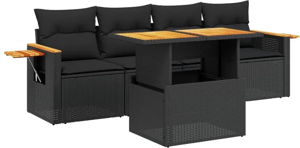 vidaXL 5 részes fekete polyrattan kerti kanapészett párnákkal