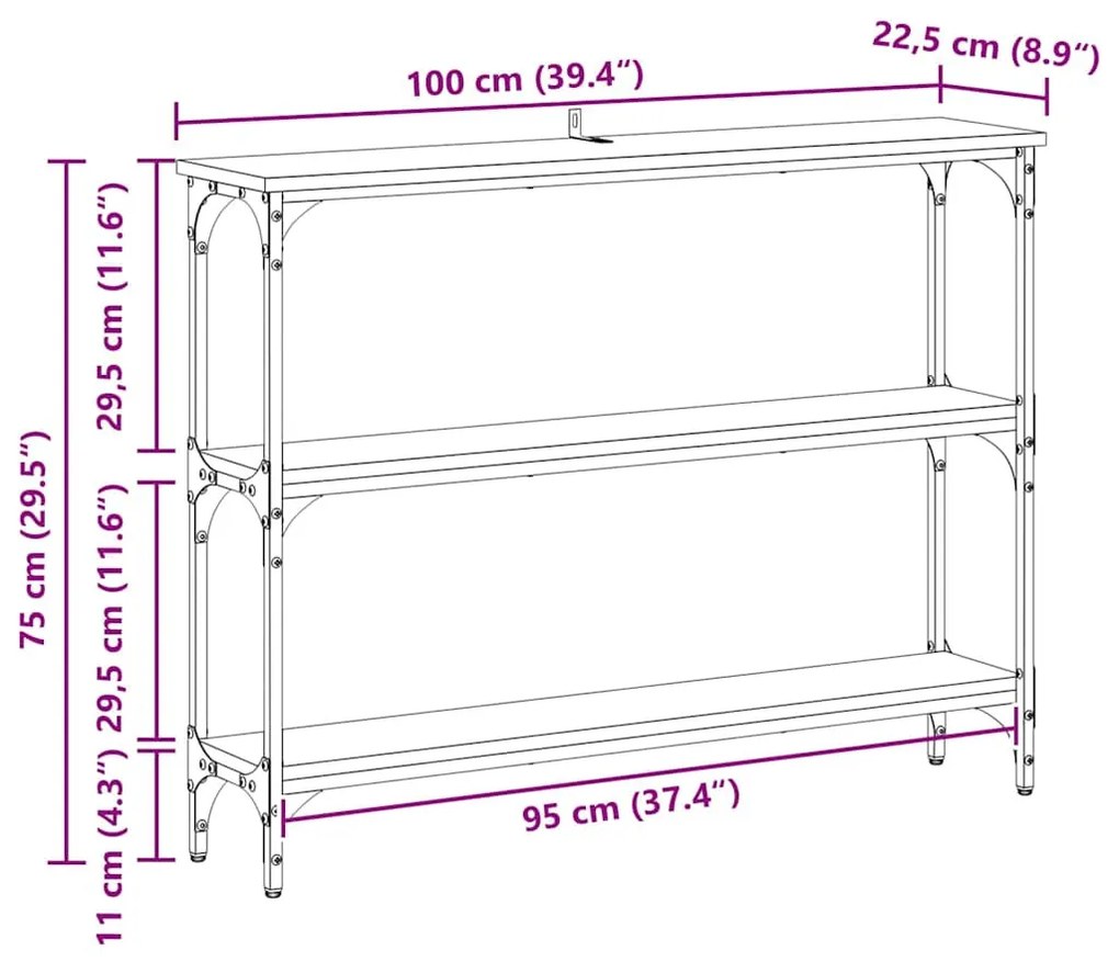 Konzolasztal polcokkal kézműves tölgy 100 x 22.5 x 75 cm