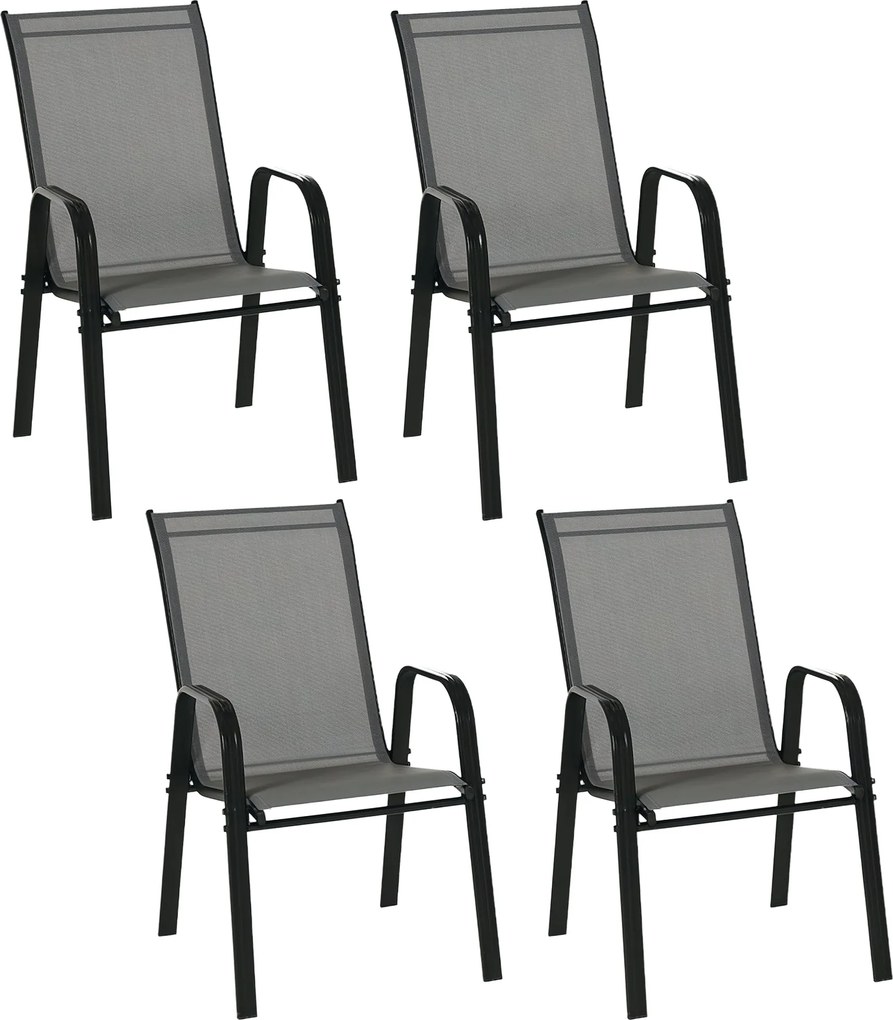 Outsunny 4 db-os Kerti Szék Szett Kültéri Teraszi Székek Rakható Étkezőszék Lélegző Anyagú Fém Vázkarfával és Hátfallal 54x75.5x95 cm Sötétszürke | Ao