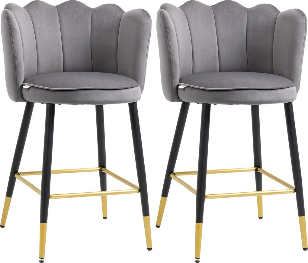 HOMCOM 2 db Bárszék Velúr Kárpitozással és Acél Alappal, 59x52x90cm, Sötétszürke | Aosom