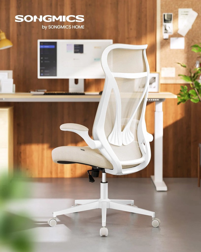 SONGMICS ergonomikus irodai szék fejtámlával, felhajtható kartámaszokkal, max. 150 kg, cappuccino bézs