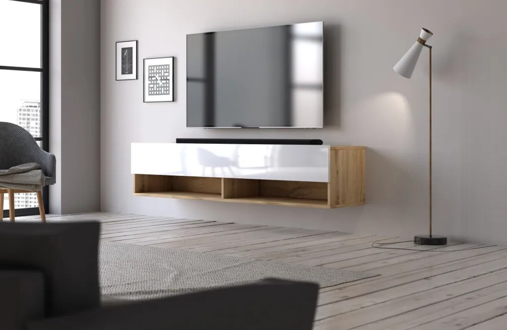TV-szekrény 140 cm, 1 ajtóval, Wotan tölgy/magasfényű fehér színkombinációban DERBY