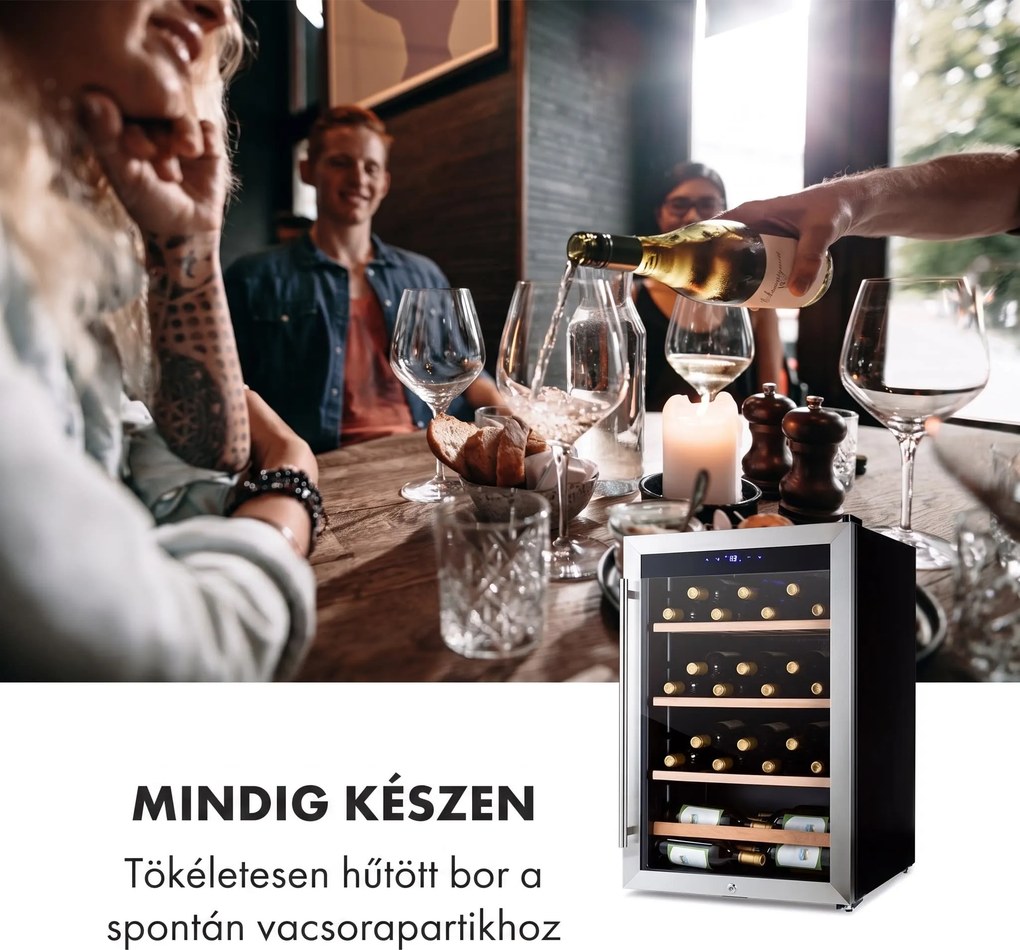 Klarstein Vinamour 48 Uno, borhűtő, 128 liter, 48 palack, 3 polc, 4 - 18 °C, rozsdamentes acél