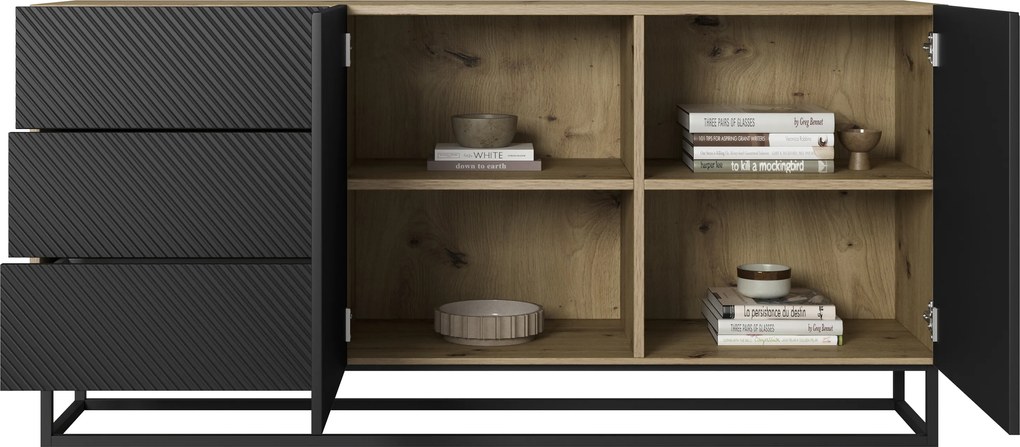 Asha fiókos komód, 167 cm, fém talapzattal - Artisan / matt fekete