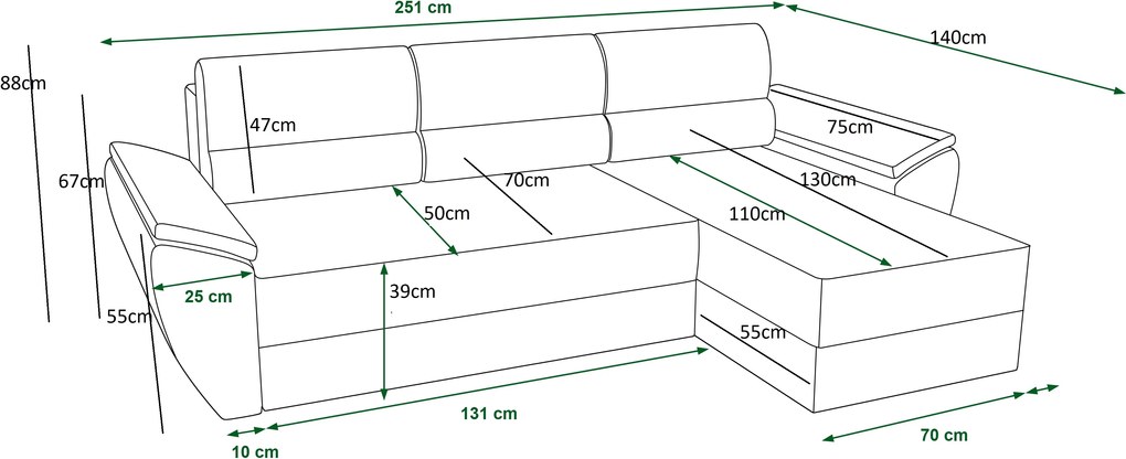Ágyazható, kétoldalas ülőgarnitúra L alakú TAVERO 251x140 cm, sötétzöld