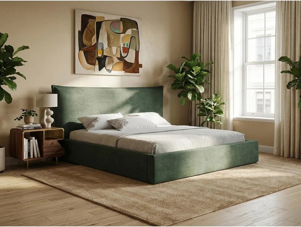 Bézs kárpitozott ágyneműtartós franciaágy ágyráccsal 140x200 cm Esala – Makamii