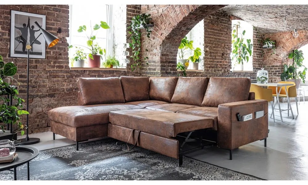 Barna bőrutánzat kinyitható sarokkanapé (bal oldali) Lofty Lilly – Miuform