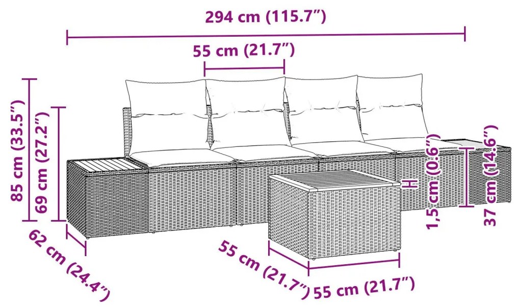 5 Rész Kerti Kanapé Szett Párnákkal Bézs Poli Rattan Akáciából