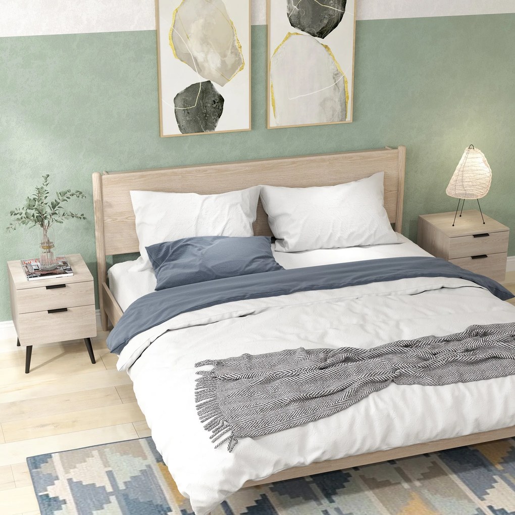 HOMCOM 2 db Éjjeliszekrény, Modern Nordikus Stílus, Két Szintes Fiókkal, Masszív Fa Lábakkal, Lefekvéshez és Nappalihoz, Tölgy Hatással | Aosom