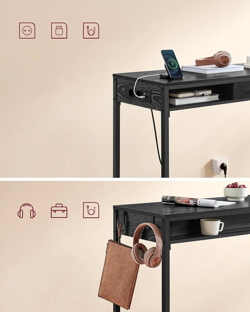 Bárasztal, magas konzolasztal töltőállomással és szövet fiókkal, fekete