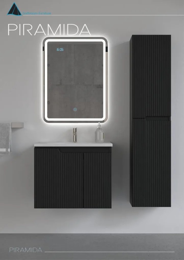Piramida EURIDIKA fali fürdőszobabútor - műmárvány mosdóval -2 ajtós - PINO FEKETE - 65 x 48 x 53 cm