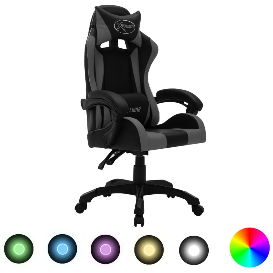szürke és fekete műbőr versenyszék RGB LED-világítással