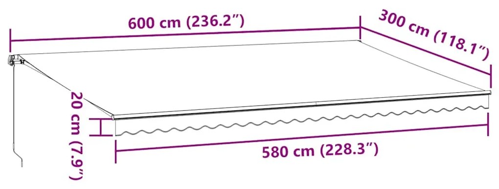 antracitszürke-fehér kézzel kihúzható napellenző 600 x 300 cm