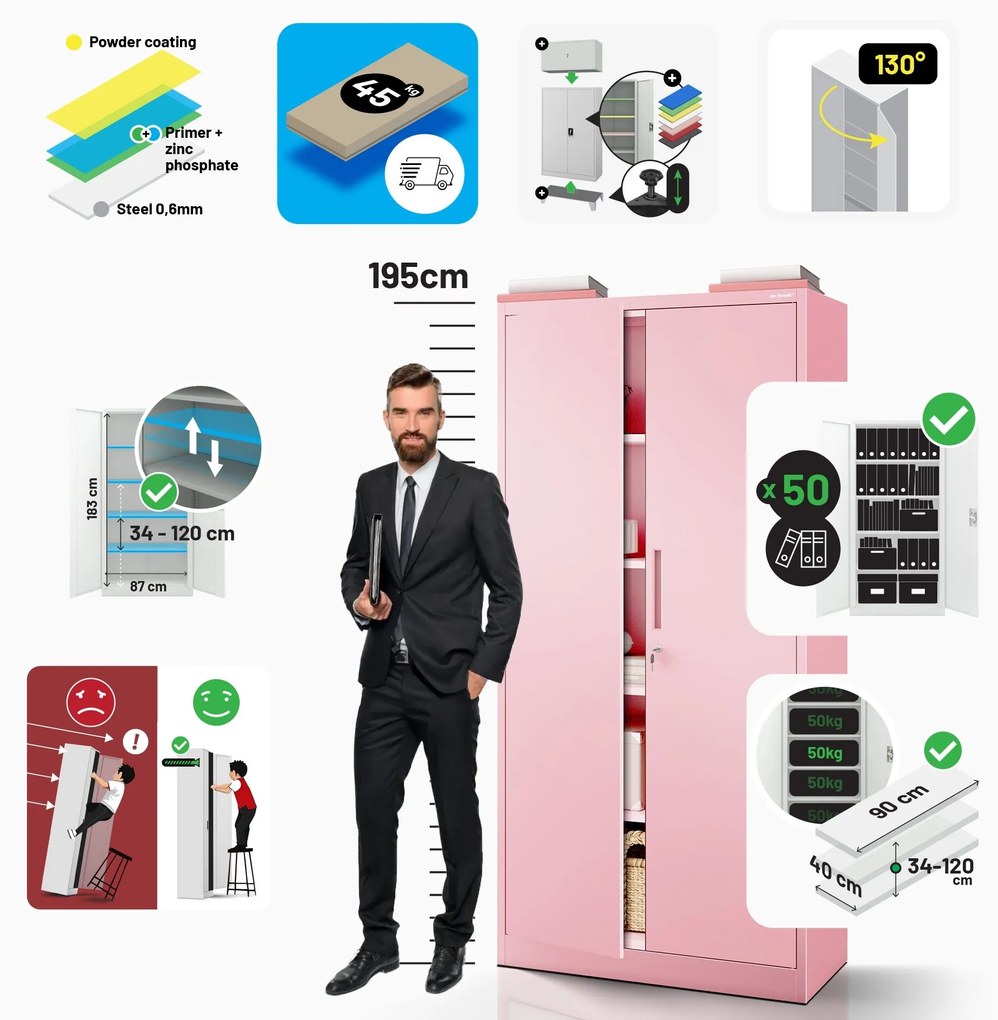 Személyzeti irattároló szekrény JAN H, 900 x 1950 x 400 mm, Fresh Style: púderrózsaszín