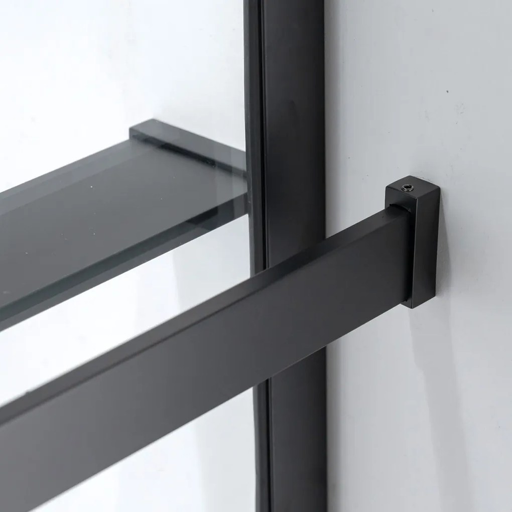 Stuxi Milano Plus Black Walk-in zuhanyfal, 130x200 cm, 8 mm vastag vízlepergető biztonsági üveggel, matt fekete profillal, távtartóval, polccal és törölközőtartóval