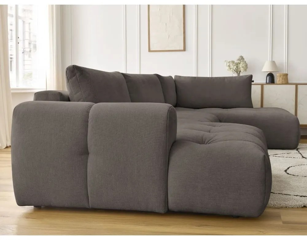 Szürkésbarna kinyitható-tárolóhelyes sarokkanapé (jobb oldali-U alakú) Fuji – Bobochic Paris