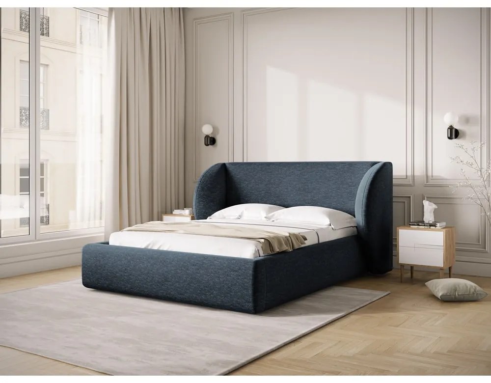 Sötétkék kárpitozott ágyneműtartós franciaágy ágyráccsal 200x200 cm Miley – Micadoni