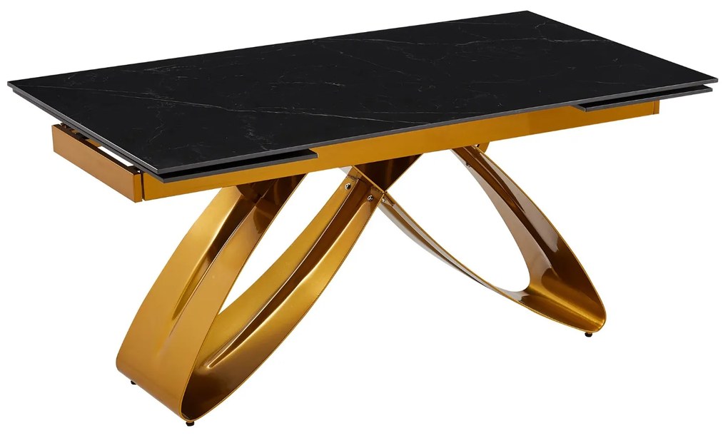 Fekete Márványhatású Bővíthető Kerámia Asztal Arany Lábbal. LUIGI 160-240 cm