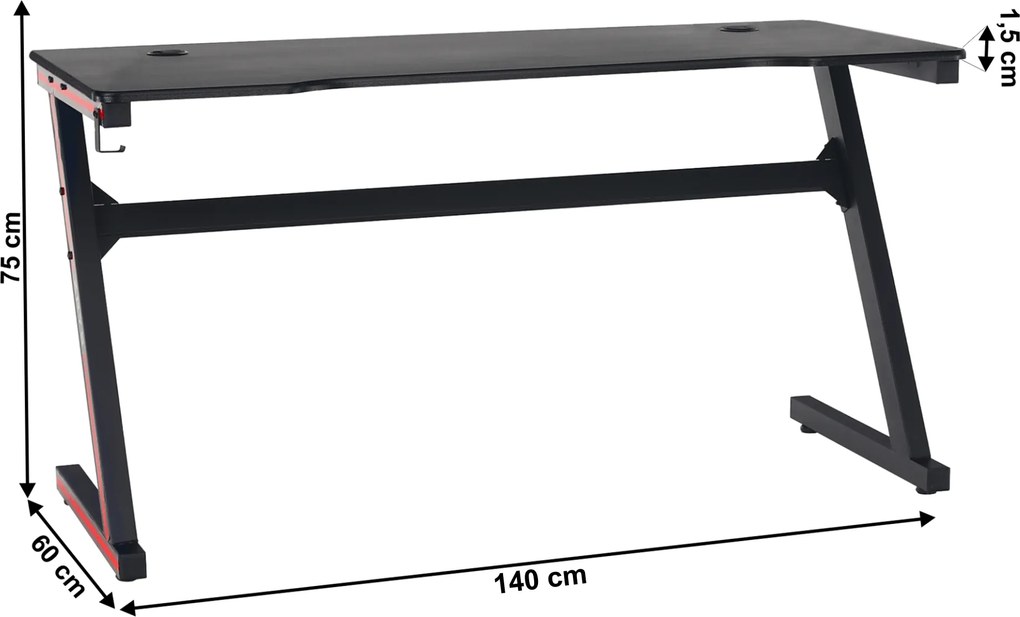 Gamer asztal/számítógépasztal, fekete/piros, MACKENZIE 140cm