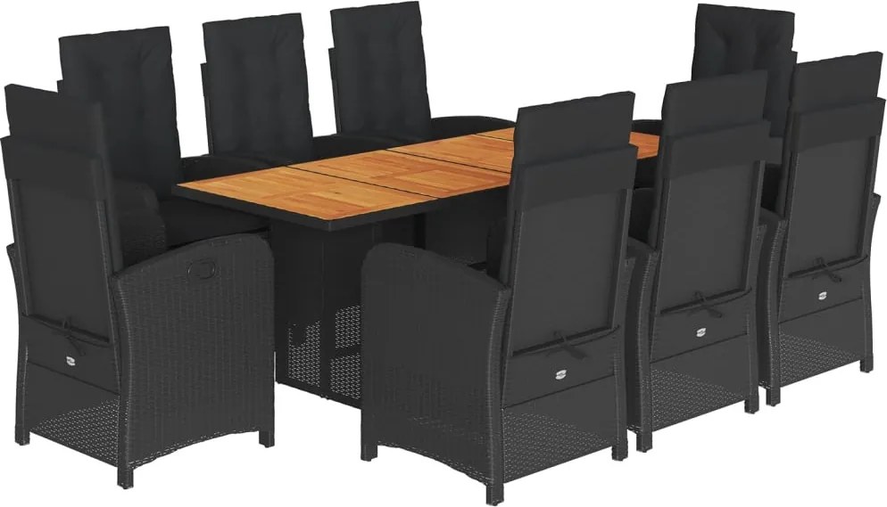 vidaXL 9 részes fekete polyrattan kerti étkezőgarnitúra párnákkal