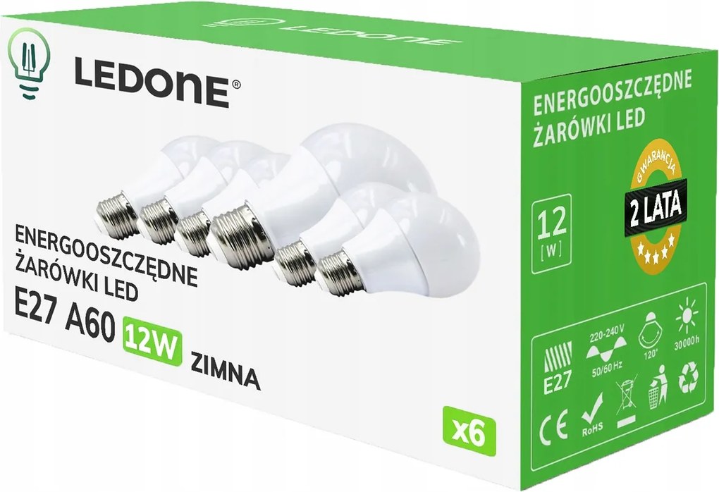 6x Led izzó E27 A60 12W Hideg fehér Prémium Led szett