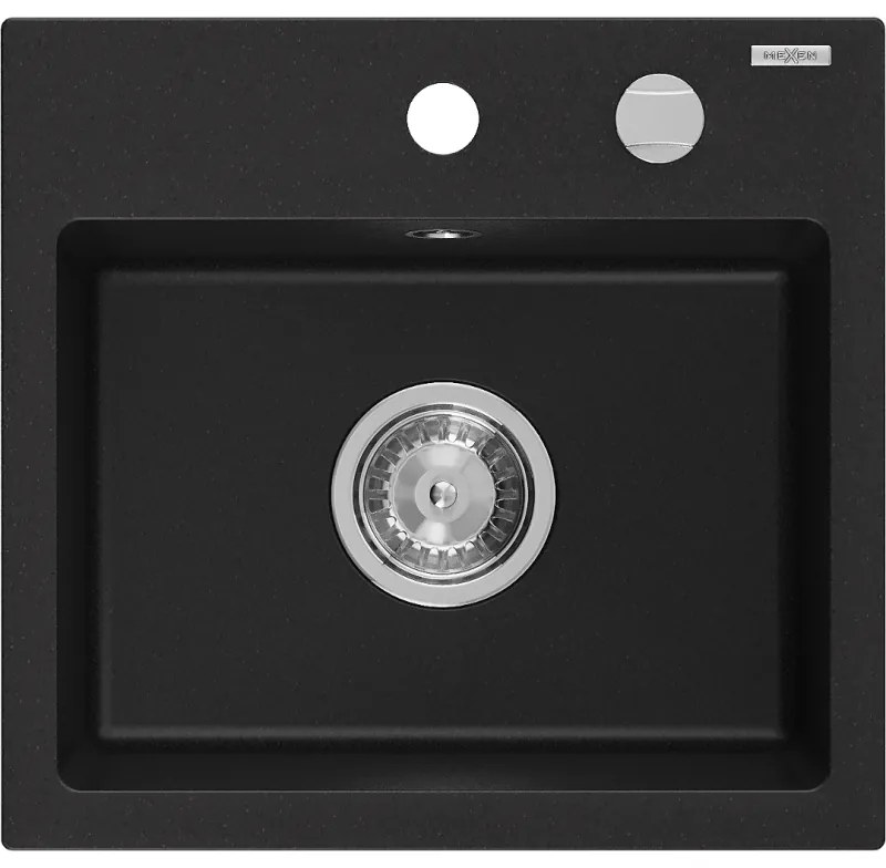 Mexen Milo gránit mosogató 1-medencés 435 x 410 mm, fekete, króm szifon - 6505441000-77
