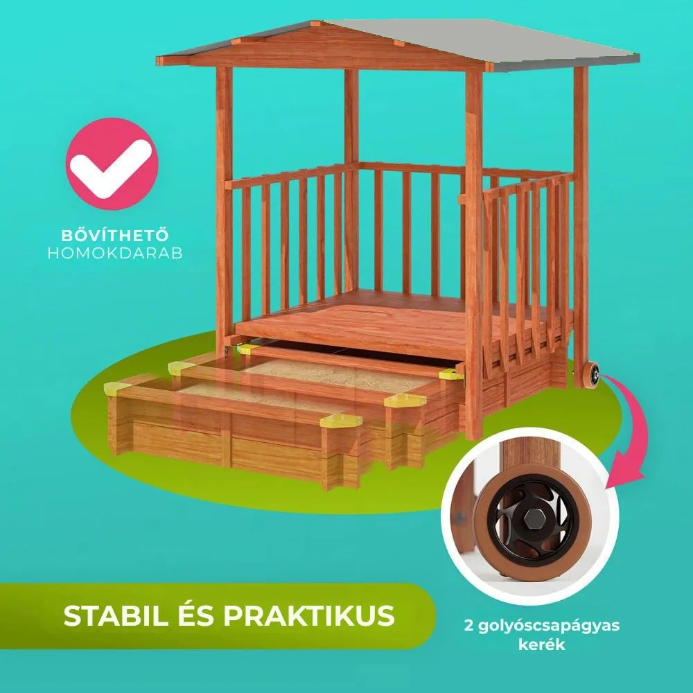 SUNNY verandás homokozó, 130x130x143cm, barna/szürke Jurhan