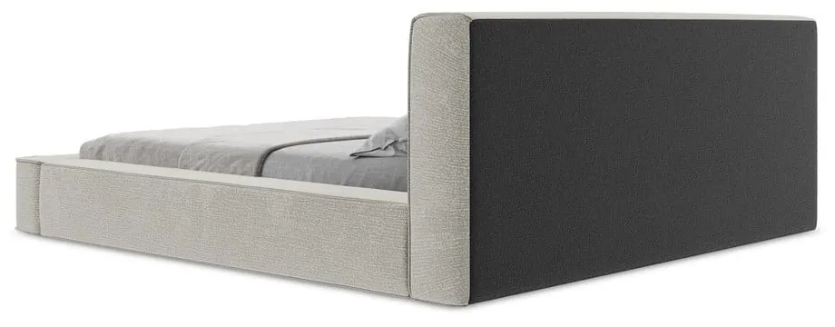 Világosszürke kárpitozott ágyneműtartós franciaágy ágyráccsal 160x200 cm Noho – Makamii