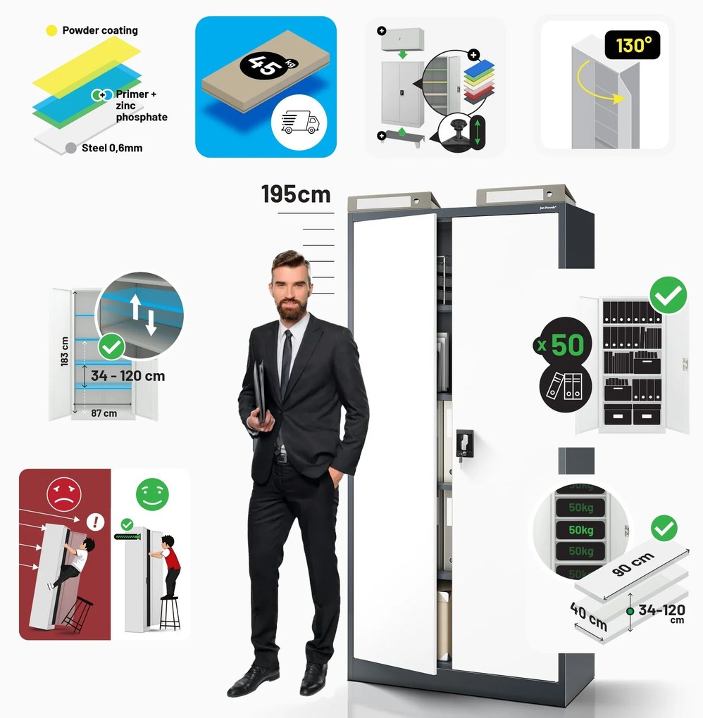 Fém iratszekrény JAN H, 900 x 1950 x 400 mm, antracit-fehér