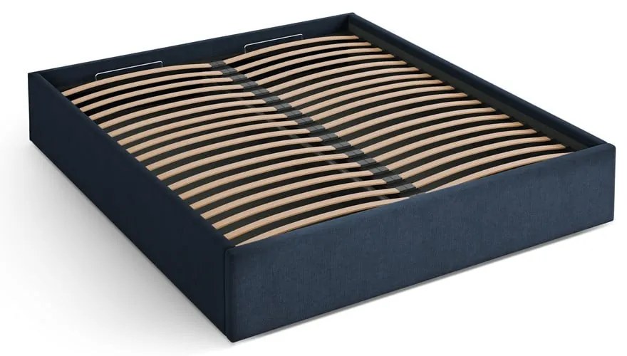 Sötétkék kárpitozott ágyneműtartós-ágytámla nélkül franciaágy ágyráccsal 200x200 cm Susan – Micadoni