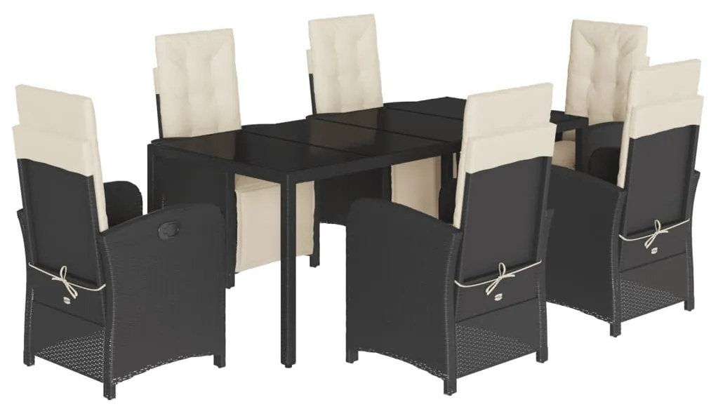 7 részes fekete polyrattan kerti étkezőgarnitúra párnával