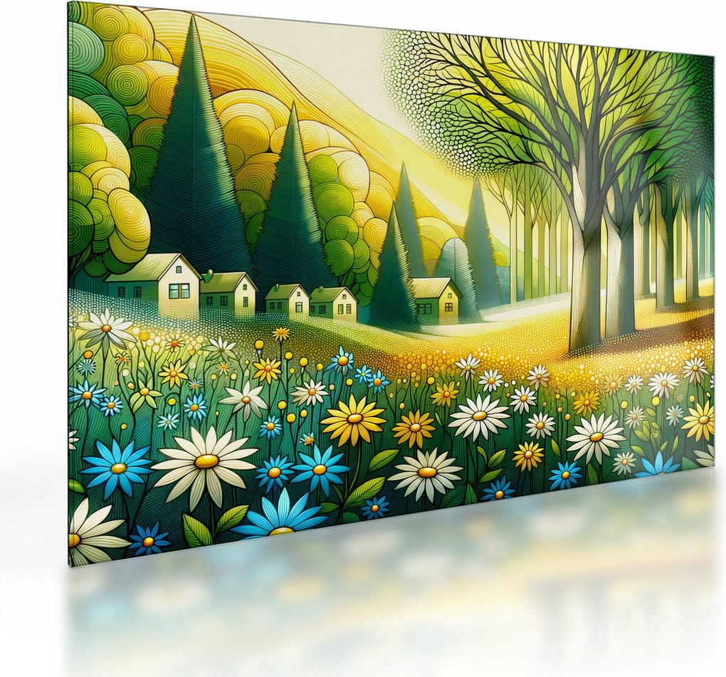 Üveg kép - Falu sárga-zöld színekben (70x50 cm)