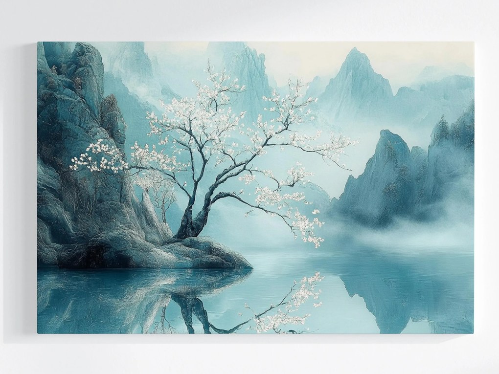 Vászonkép Canvas Tájkép Ázsia Japán Türkiz Hegyek Köd Sakura 60x40