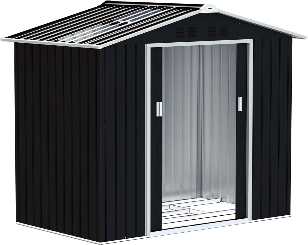 Outsunny Kertiszerszámtároló 2,42 m² Erősítő Alappal Padló Nélkül 213x130x185 cm Kültéri Kertiszerszámtároló Csúszó Ajtókkal, Tetőablakkal és 4 Ablakk