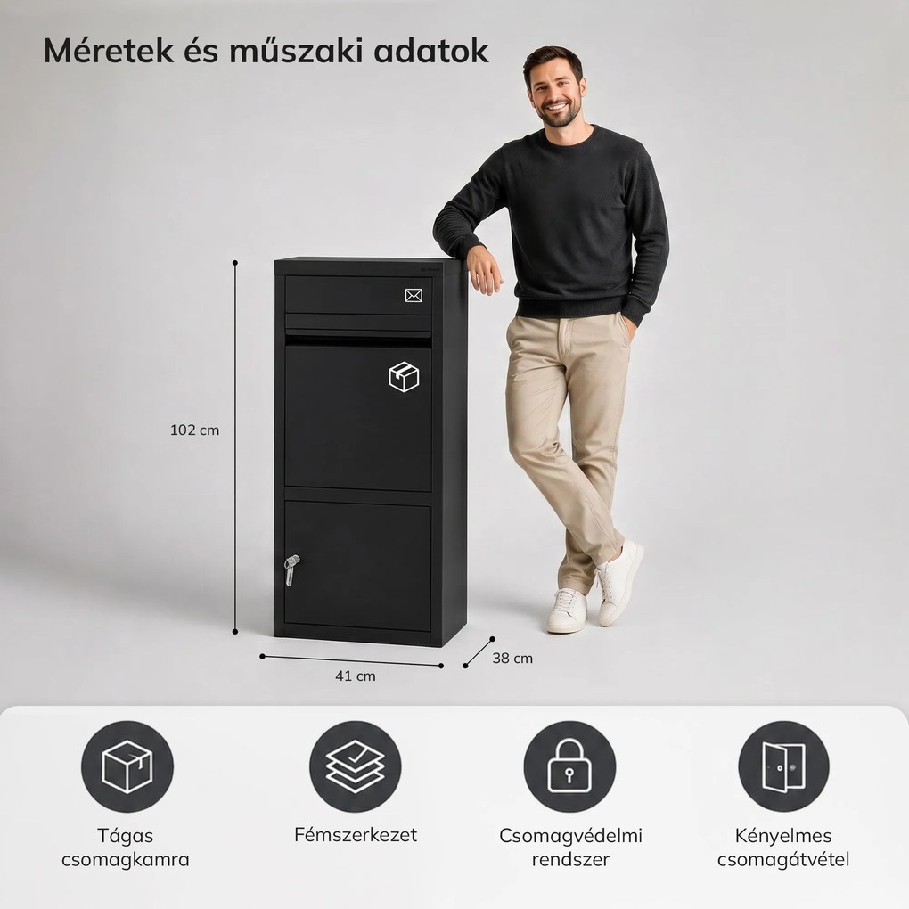 Csomag- és levélszekrény, csomagbox, fém, kültéri, zárható, fekete PAT