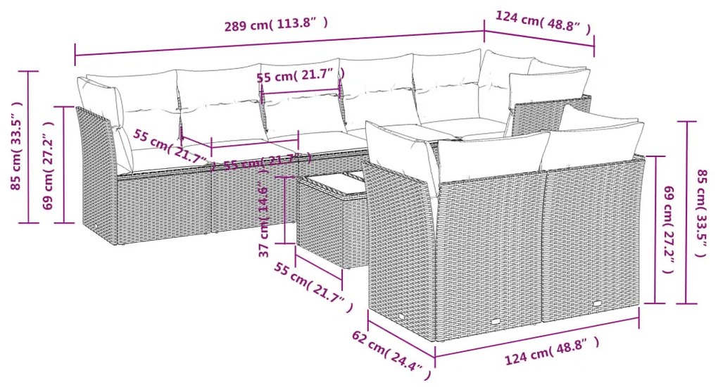 9 részes bézs polyrattan kerti ülőgarnitúra párnákkal