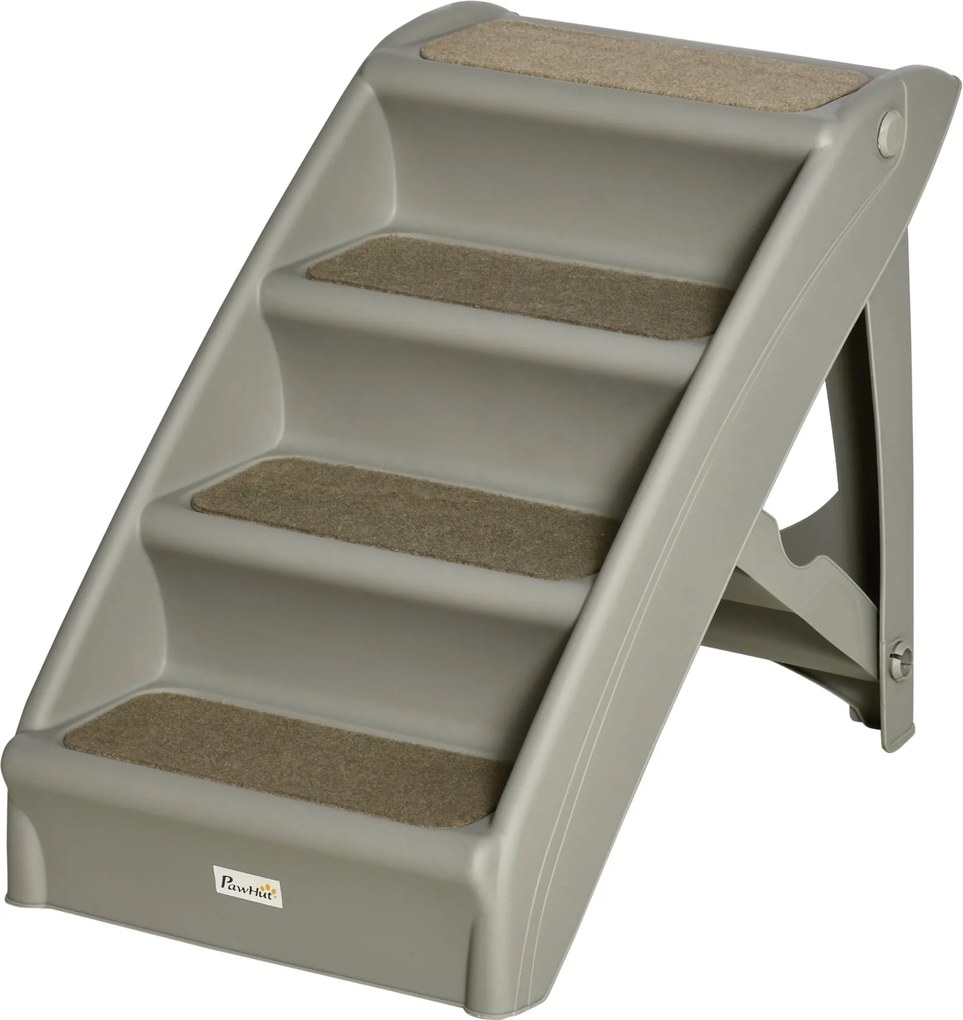 PawHut Összecsukható 4 Lépéses Állat Lépcső Kutyáknak és Macskáknak, Hordozható, Csúszásmentes Szőnyegekkel, 20 kg Teherbírás, 62x38x49.5 cm, Szürke |