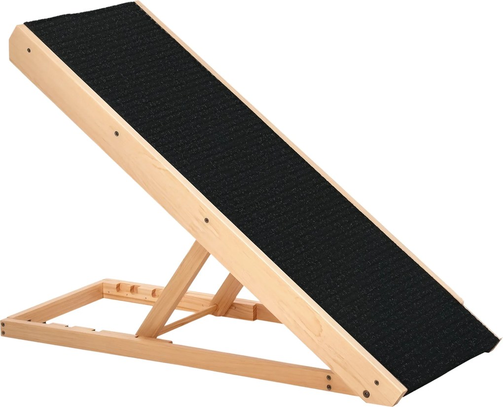 PawHut Kutyalépcső Csúszásmentes Szőnyeggel Állítható Kutyarámpa Nagy Kutyák Számára Fenyőfából Poliészter Fekete+Természetes Fa 90Sz x 40M x 61Ma | A