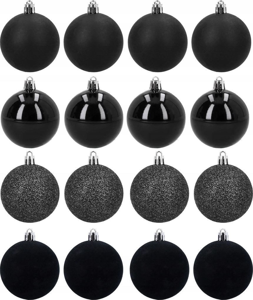 Karácsonyfadísz gömbök fekete 16 db 6 cm törhetetlen matt fényes