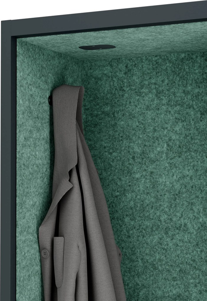 Irodai hangszigetelő fülke ülőkével és USB-C csatlakozóval, antracit színű váz / zöld ülőke, 600 mm: SALLY MentalBox