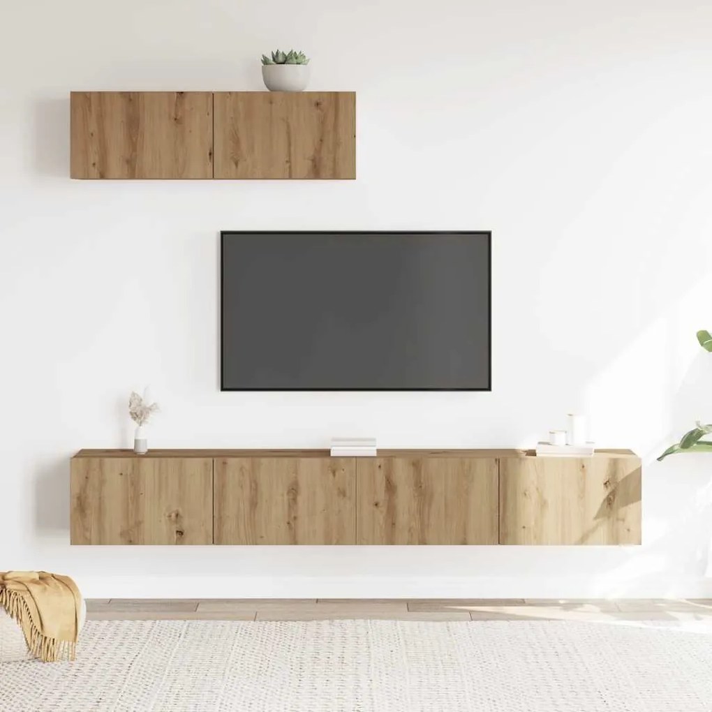 3 részes kézműves tölgy színű szerelt fa fali TV-szekrényszett