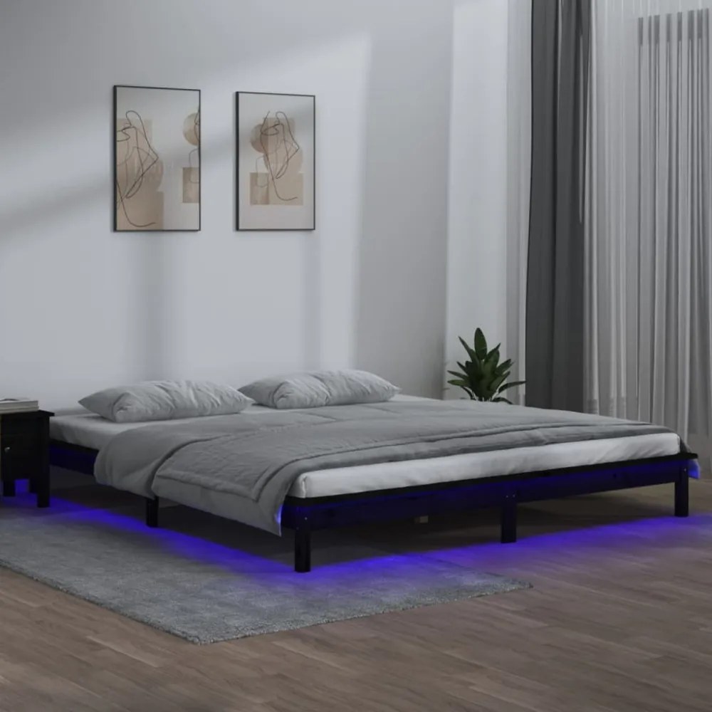 kis kétszemélyes fekete tömör fa LED-es ágykeret 120 x 190 cm