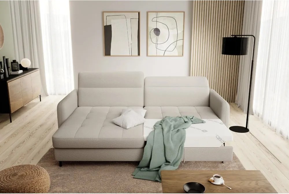 Bézs buklé kinyitható-tárolóhelyes sarokkanapé (bal oldali-heverő résszel) Gomsi – ELTAP
