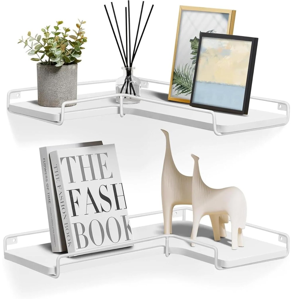 Lebegő polcok, 2 darabos készlet, l-alakú sarokpolc falra fehér színben