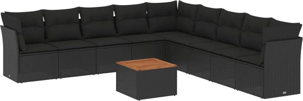 vidaXL 10 részes fekete polyrattan kerti ülőgarnitúra párnákkal