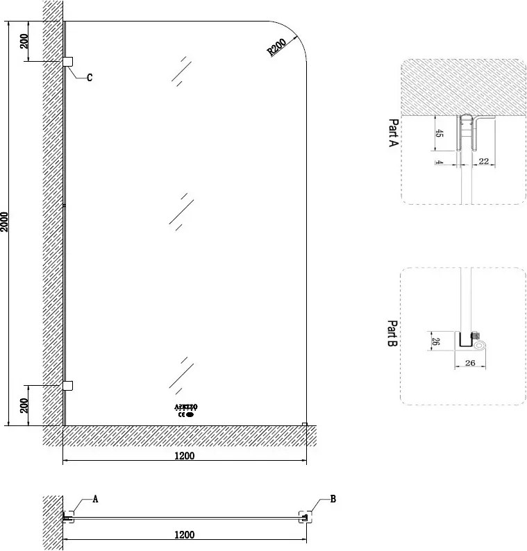AREZZO design CLEAR walk-in zuhanyfal, átlátszó 1200x2000