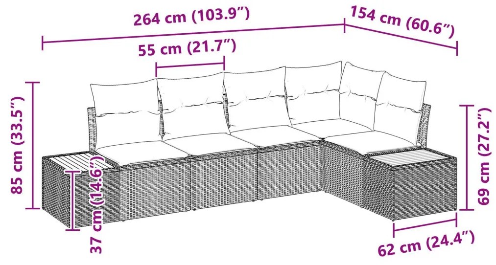5 harabos kerti kanapészett párnákkal fekete poli rattan akáccal