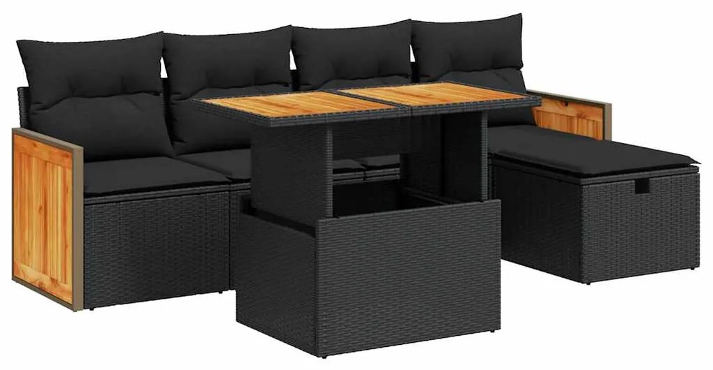 6 részes fekete polyrattan kerti ülőgarnitúra párnákkal
